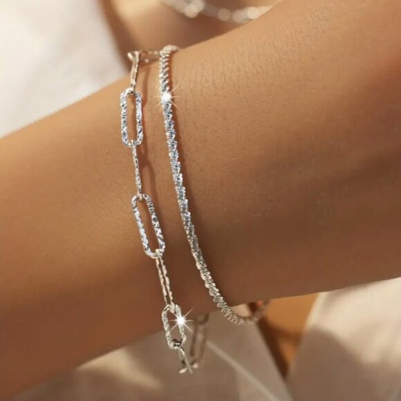 925 Silver Double Bracelet & Necklace 925 Paperclip & Twisted Glitter NWT - Picture 4 of 5